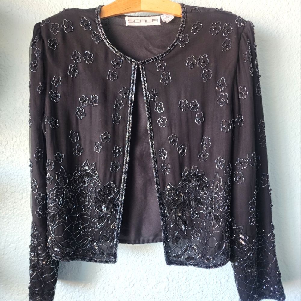 Scala silk bolero cardigan intrinqued beaded beautiful cardigan
